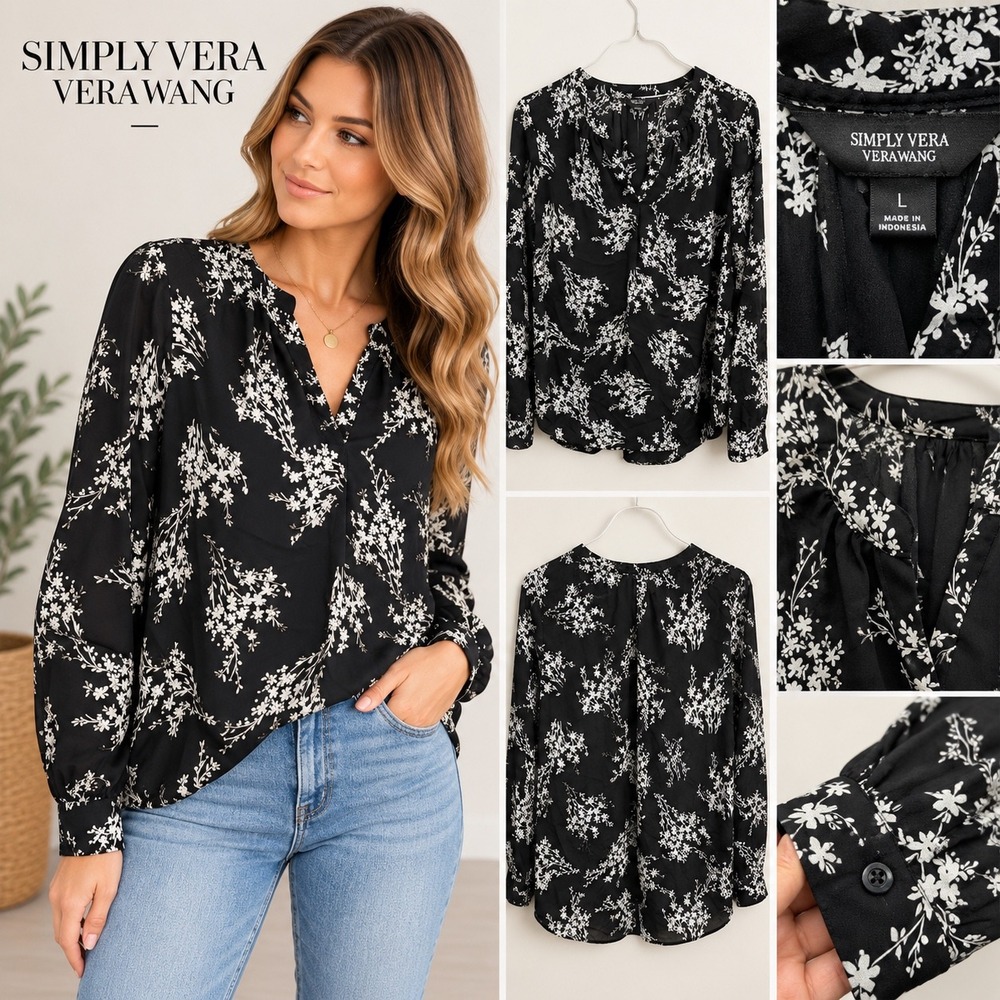 Simply Vera Vera Wang Floral Blouse Black White Long Sleeve Split Neck Top L